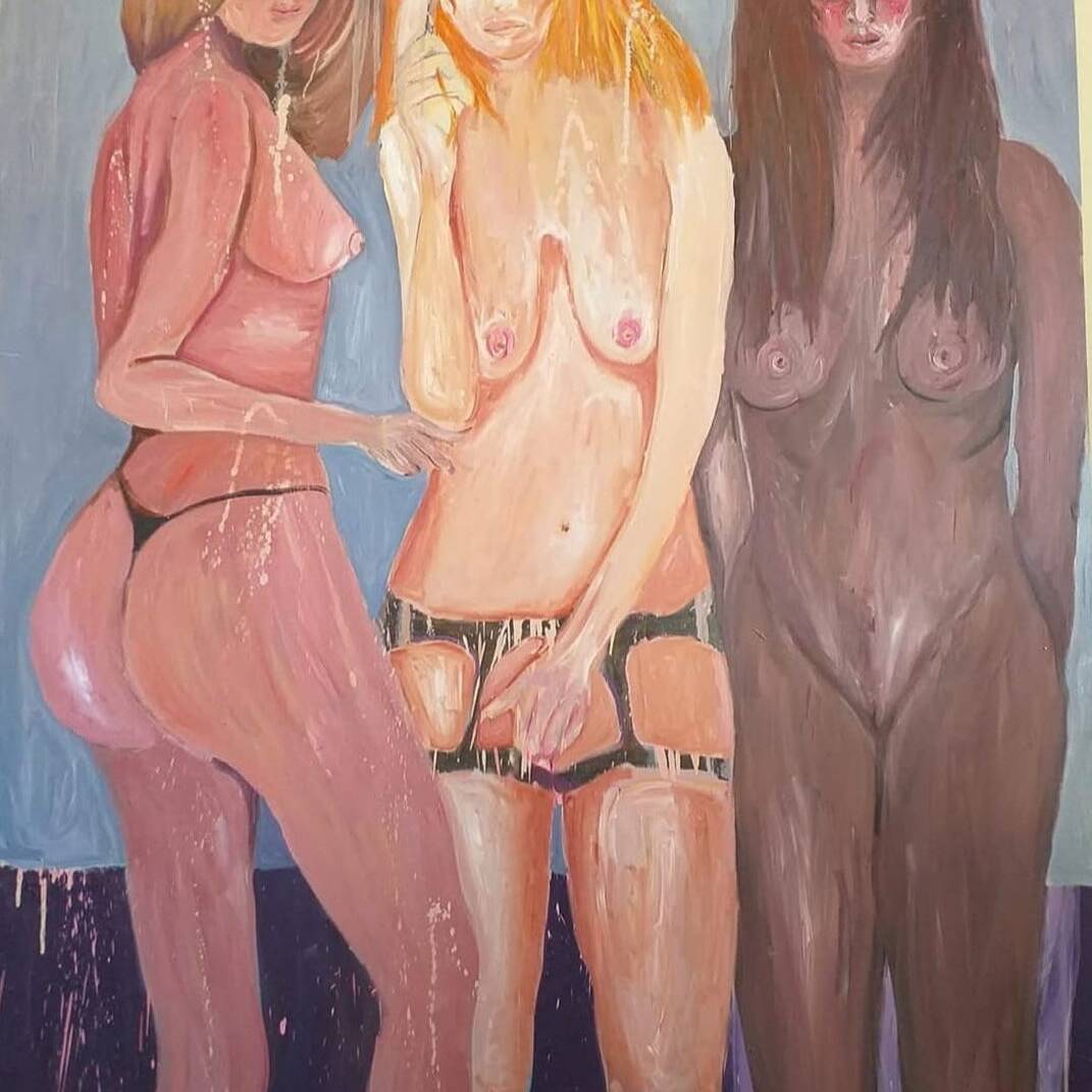 Pintura “Plan B” de Víctor Alexis Puig, mostrando tres mujeres desnudas en una composición artística.